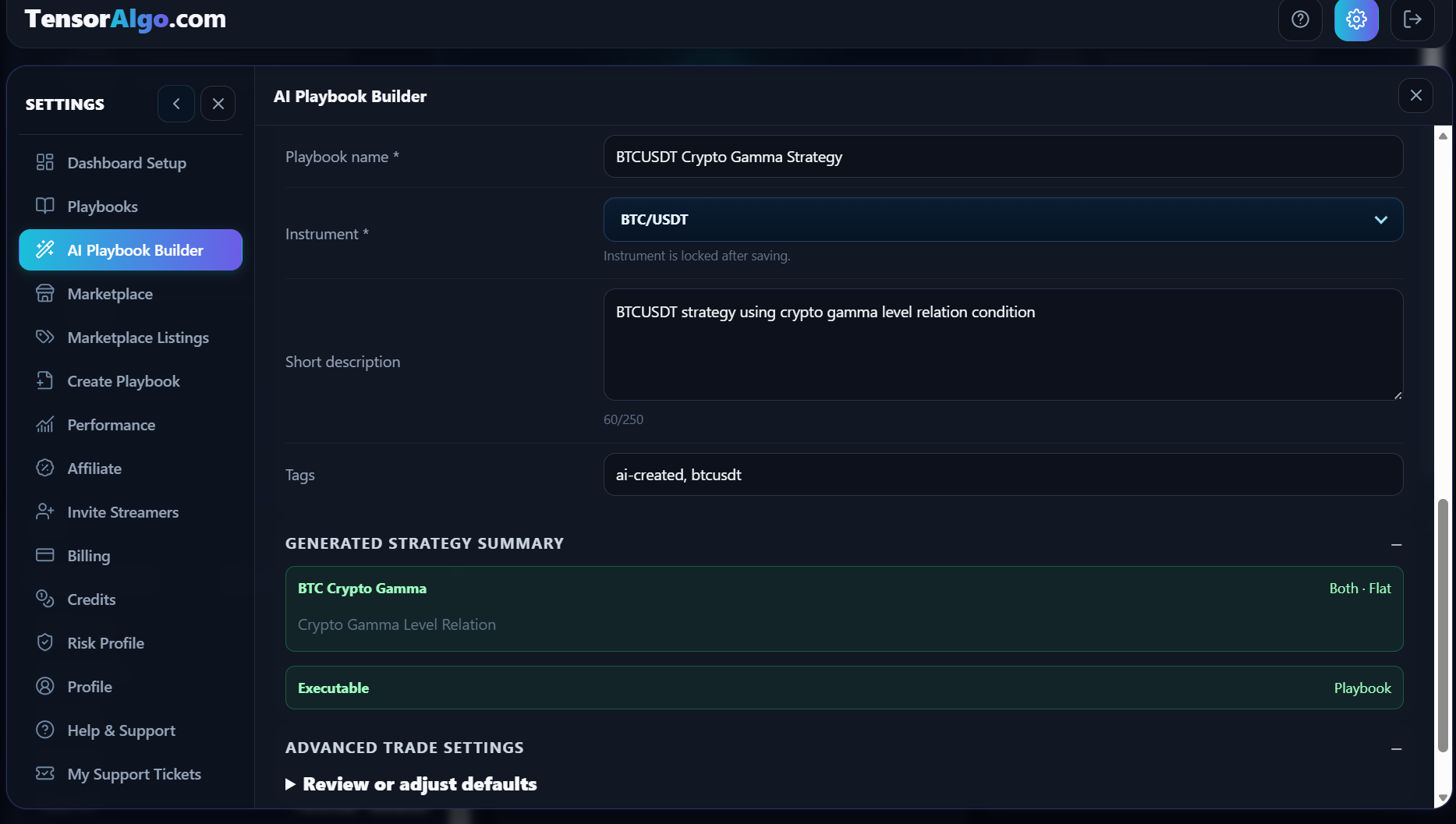 AI Playbook Builder result using a Crypto Gamma condition