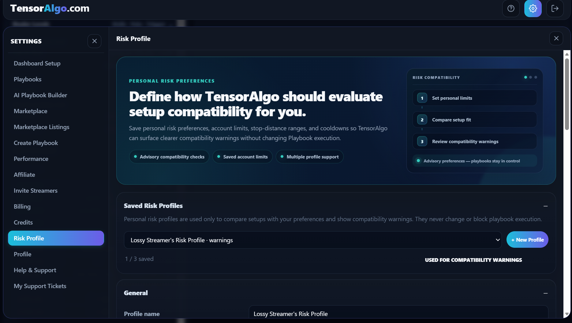 Saved Risk Profiles selector and capacity