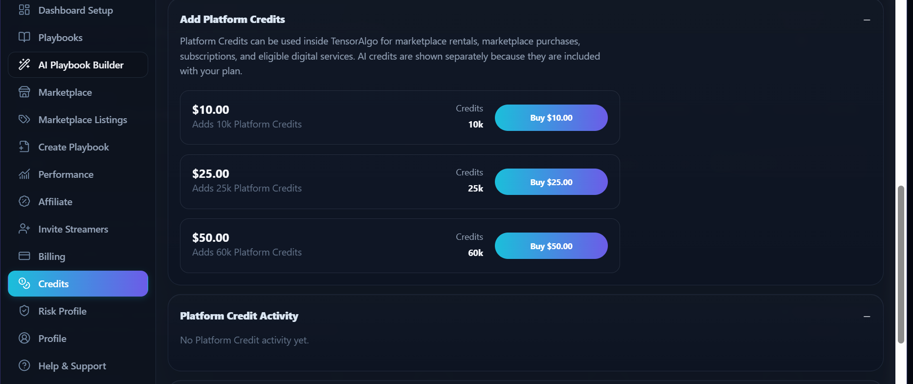Platform Credit packs and activity section