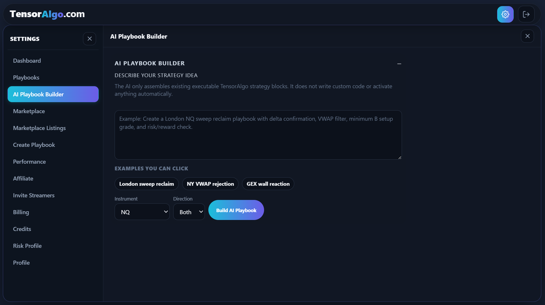 AI Playbook Builder prompt, examples, instrument, direction, and build action
