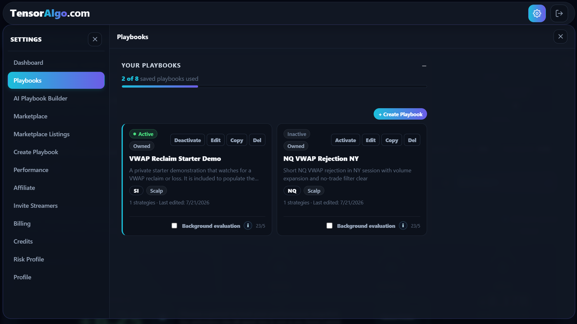 Saved Playbooks showing usage, ownership, activity state, and available actions