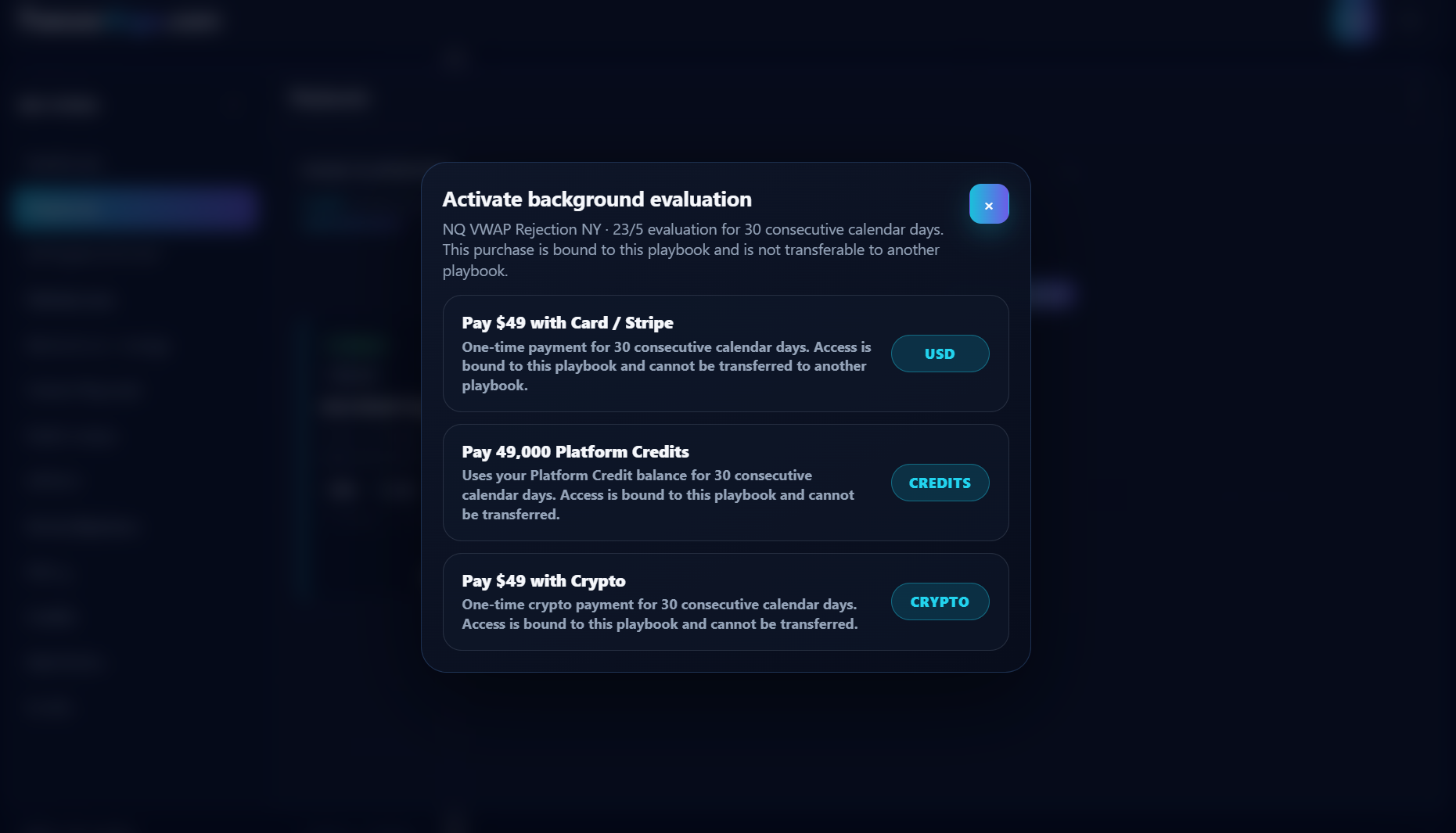 Background Evaluation payment options for card, Platform Credits, and crypto