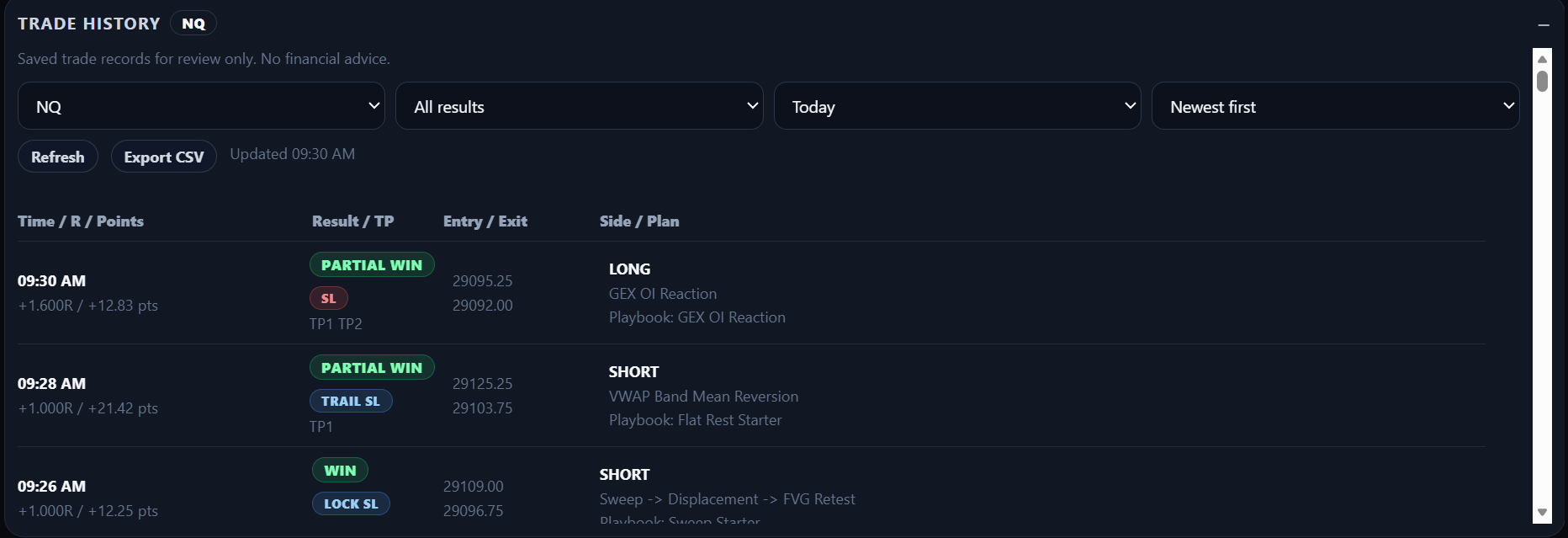 Trade History filters with Refresh and Export CSV actions